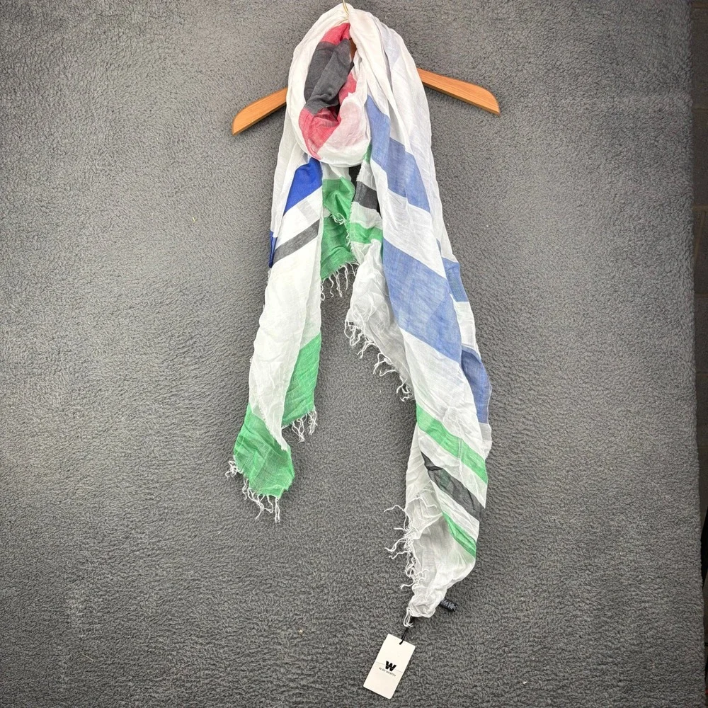 W By Worth Optic White Blue Green Stripe Oblong Scarf W171SC15W-NO Made In Italy